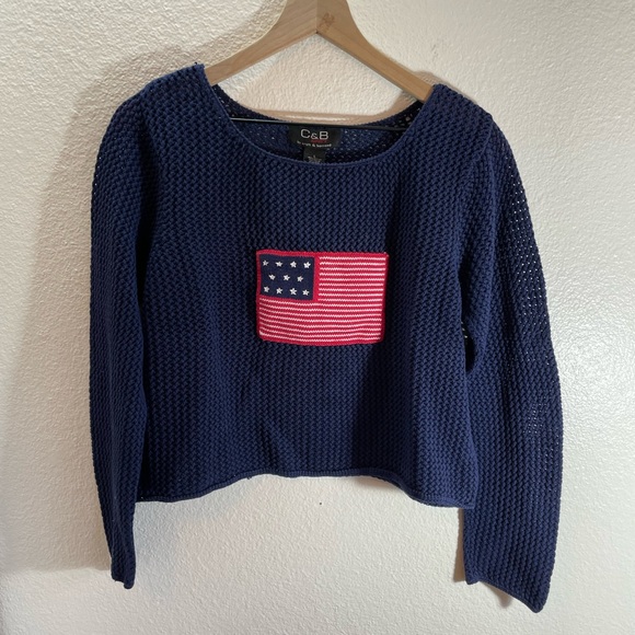 C & B Sport Sweaters - Vintage C&B 100% Cotton Knit Americana 🇺🇸 Cropped Crewneck Sweater Size L